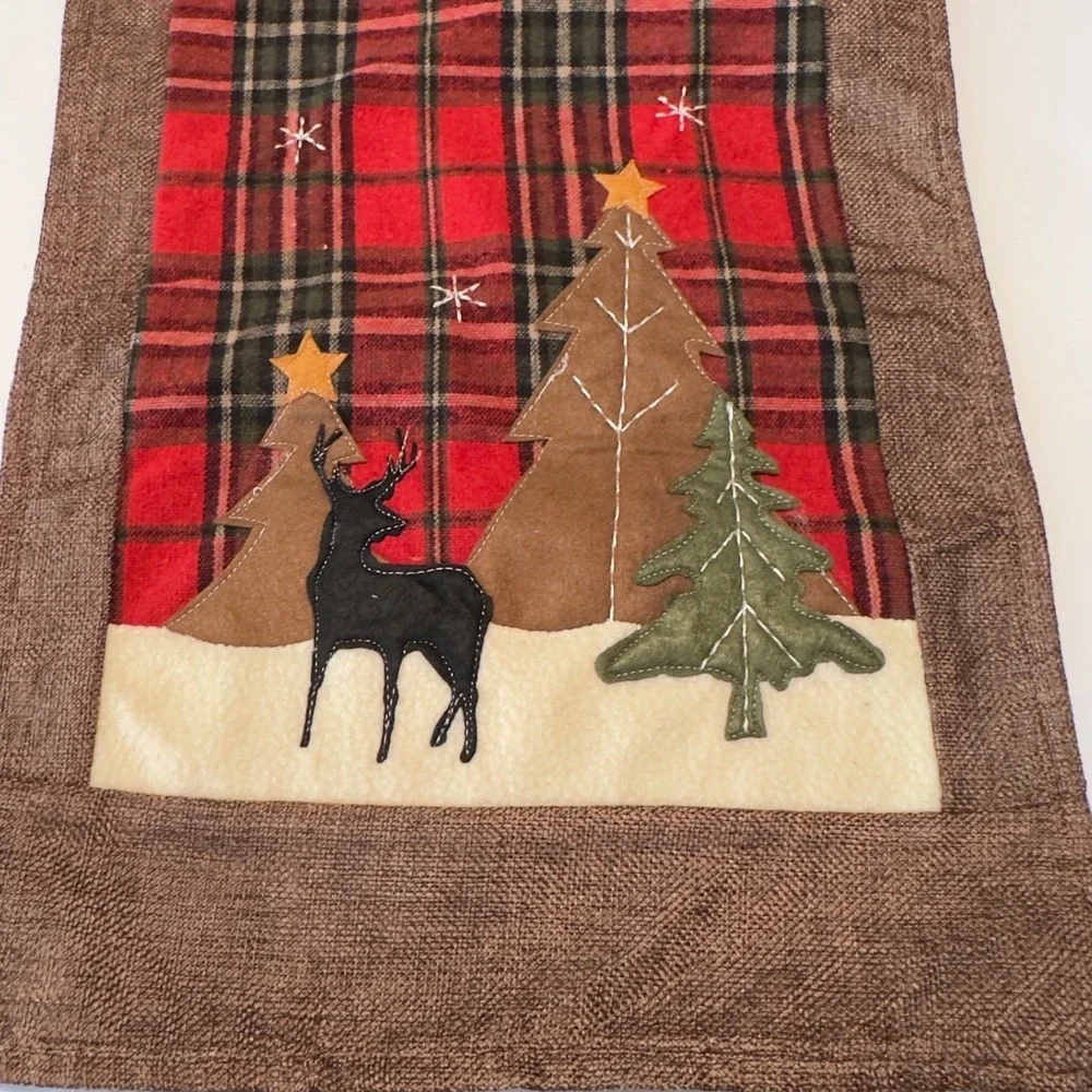 Rustic Plaid Christmas Table Runner Moose Deer Lodge Cabin Decor 13x70 Red Brown